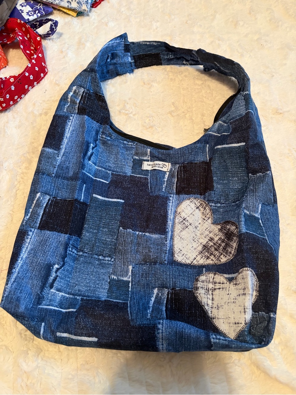 Handmade Patchwork Denim Print Hobo Tote Bag Heart Appliqué